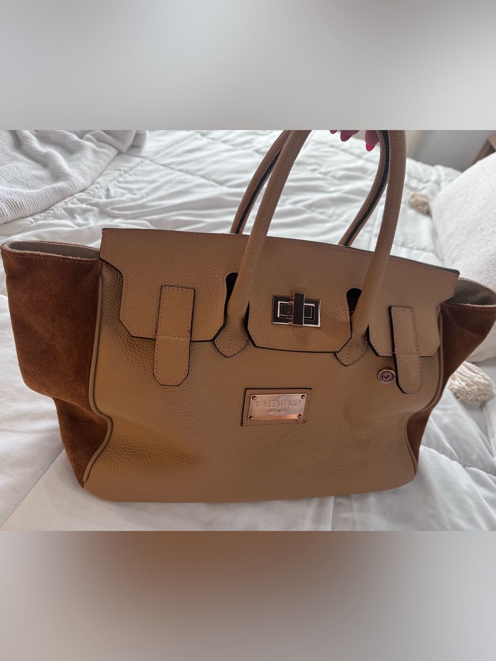 Valentino Tan Pebbled Leather Satchel with Gold Hardware